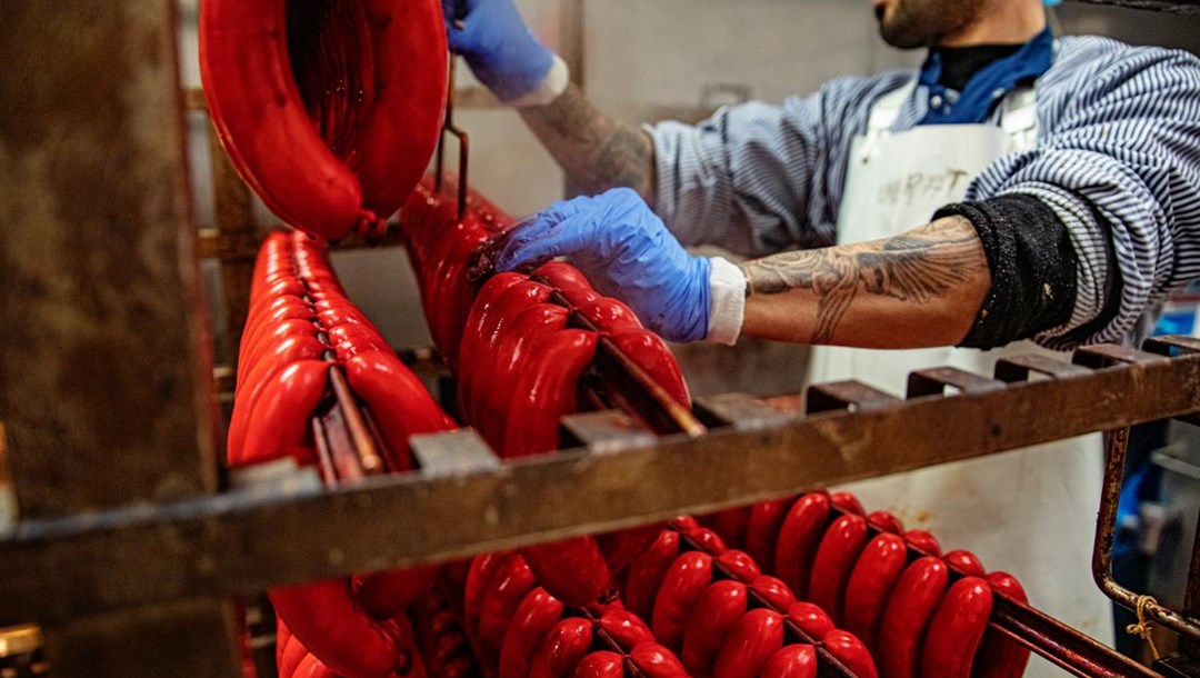 Den røde pølse er stadig en populær gæst på de danske middagsborde. Hos Slagter Theilgaard får pølserne den røde farve, ved at de dyppes i en farveblanding, inden de ryges.